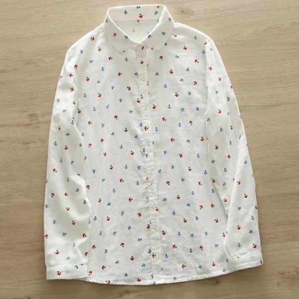 [애슬릿] 컬러 버섯 패턴 화이트 면 여성 셔츠