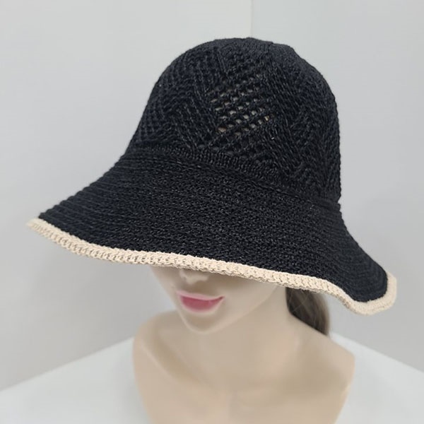 [애슬릿] 여성 격자 챙 넓은 여행 바캉스 버킷햇 모자