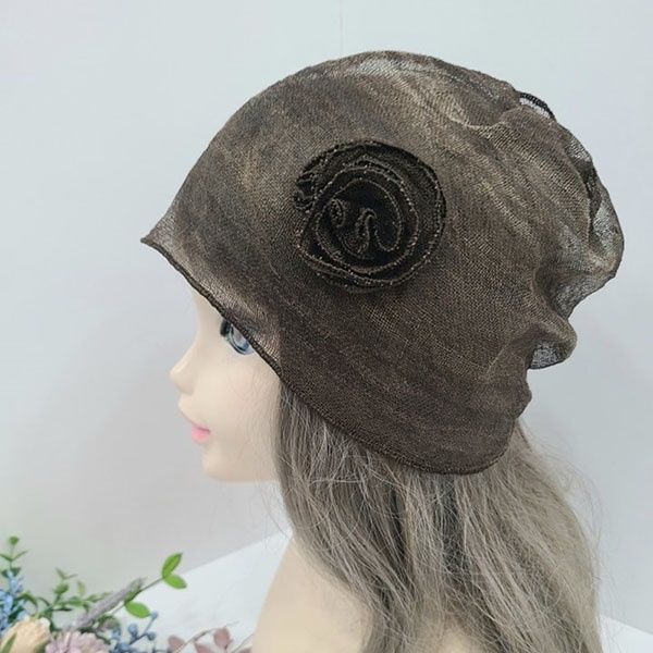 [애슬릿] 여성 꽃 자수 삼베 얇은 여름용 비니 모자