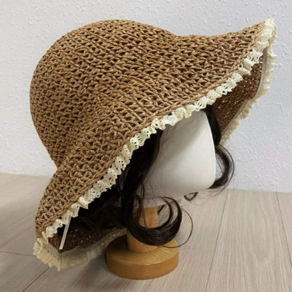 [애슬릿] 레이스 챙넚은 밀짚 휴양지 라탄 모자