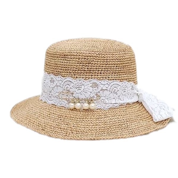 [애슬릿] 진주 브로치 라피아 밀짚 휴양지 모자
